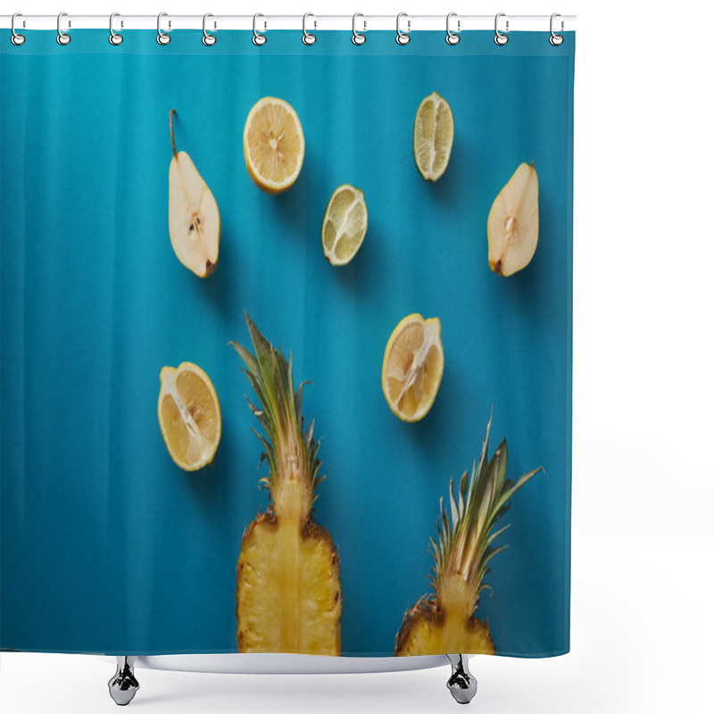 Personality  Elevated View Of Ripe Pineapple, Pears And Lemons On Blue Surface  Shower Curtains