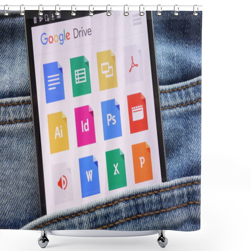 Personality  KONSKIE, POLAND - JUNE 09, 2018: Google Drive Website Displayed On Smartphone Hidden In Jeans Pocket Shower Curtains