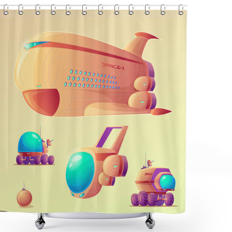 Personality  Vector Mars Colonization Cartoon Objects Set. Spaceship, Shuttle, Mars Rovers, Base Colony Generato. Illustrations For Futuristic Infographics, Banners In Galaxy Exploration, Planet Terraforming Style Shower Curtains