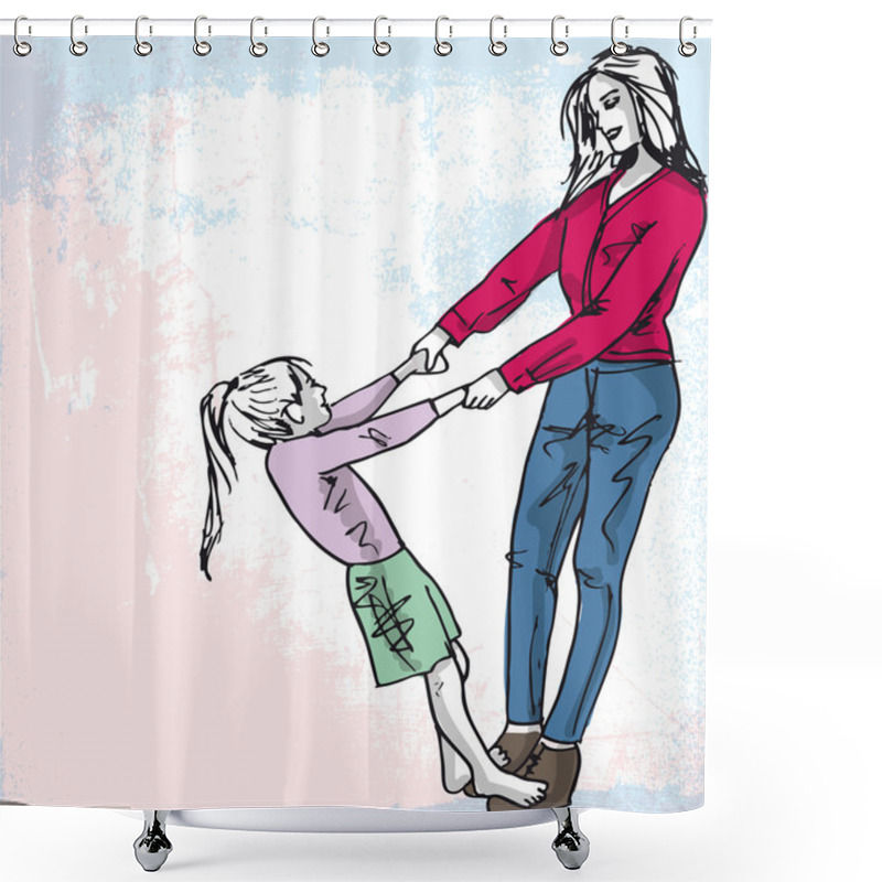 Personality  Sketch Of Little Girl Having Fun With Her Beautiful Mother. Vect Shower Curtains