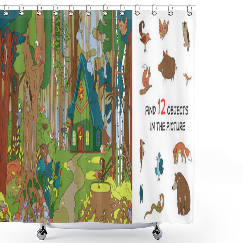 Personality  Forest Glade Near The Forester's House. Find Hidden Animals. Puzzle. Vector Illustration  Shower Curtains