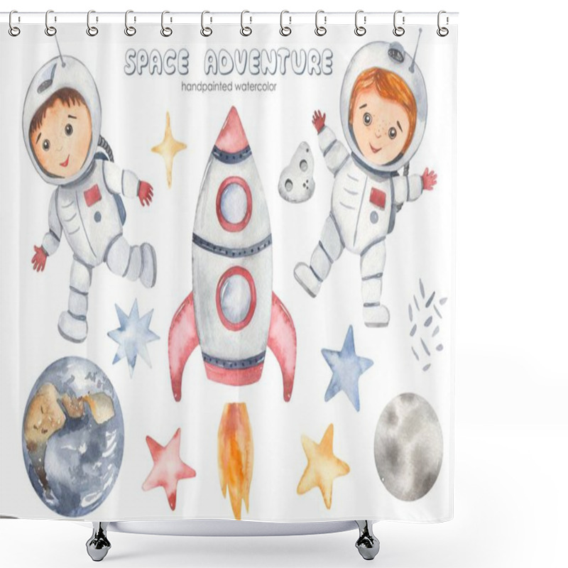 Personality  Space Adventure With Rocket, Young Astronauts, Boy, Girl, Stars, Planet Earth, Moon, Meteorite Watercolor Set  Shower Curtains