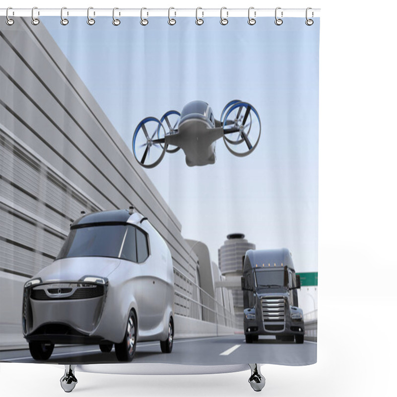 Personality  Passenger Drone Flying Over Delivery Van And Truck On Highway. 3D Rendering Image. Shower Curtains