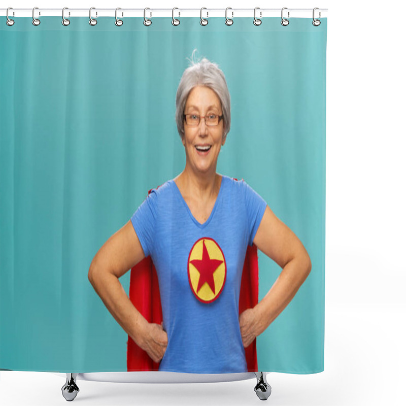 Personality  Joyful Beautiful Senior Woman In Superhero Costume Posing On Turquoise Background. Shower Curtains