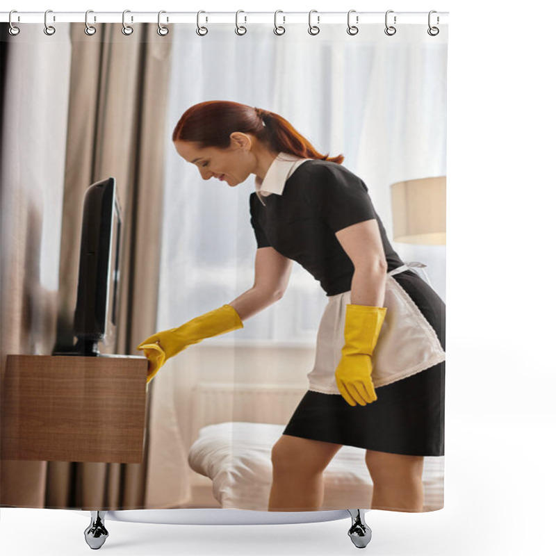 Personality  A Beautiful Young Woman In A Crisp Uniform Cleans A Modern Hotel Room With Focus And Care. Shower Curtains