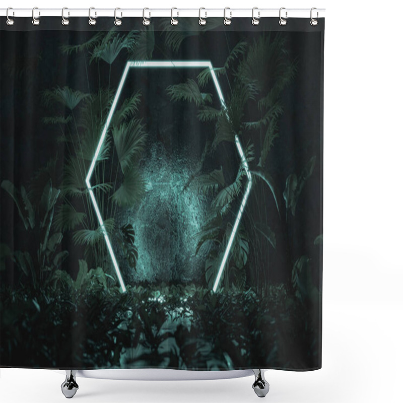 Personality  3d Rendering Of Blue Lighten Hexagon Shape Surrounded By Jungle Trees Shower Curtains