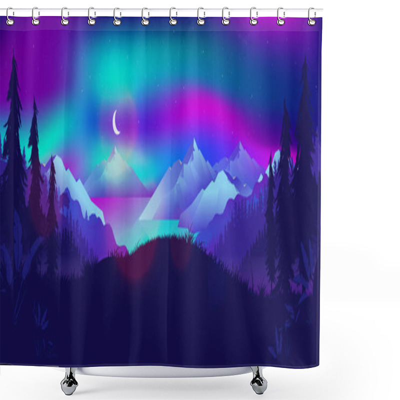 Personality  Northern Lights At Night Landscape. View From Forest To A Fjord With Mountains And Sea. Dancing Lights And Moon In The Sky. Northern Nature, Traveling, Tourism, Norway Concept. Vector Illustration. Shower Curtains