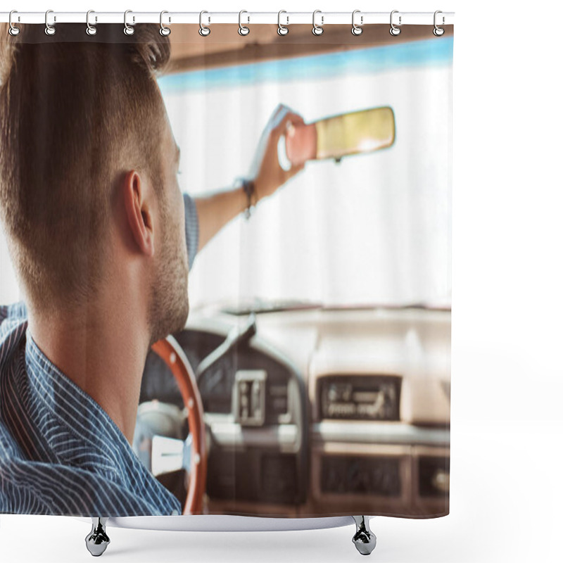 Personality  Back View Of Male Driver Looking At Rearview Mirror In Car Shower Curtains