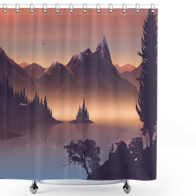 Personality  Vector Illustration Of A Fire Camp Near The Lake With Beautiful Mountains In The Morning Shower Curtains