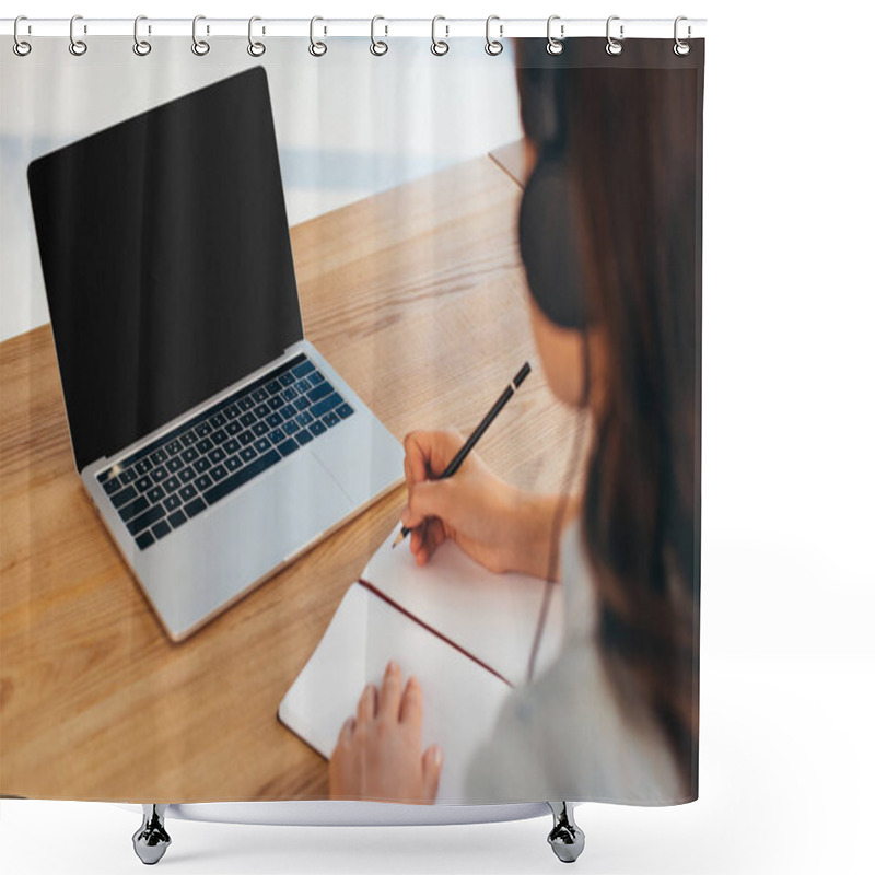 Personality  Partial View Of Businesswoman In Headphones With Notebook Taking Part In Webinar In Office Shower Curtains