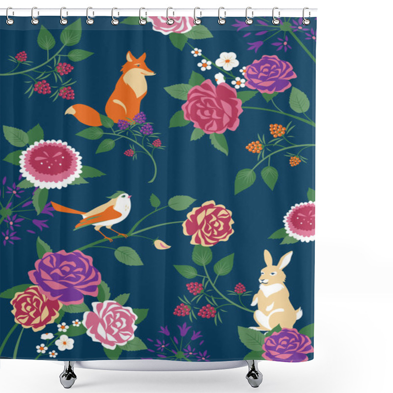 Personality  Forest Flowers, Animals And Birds Background Shower Curtains