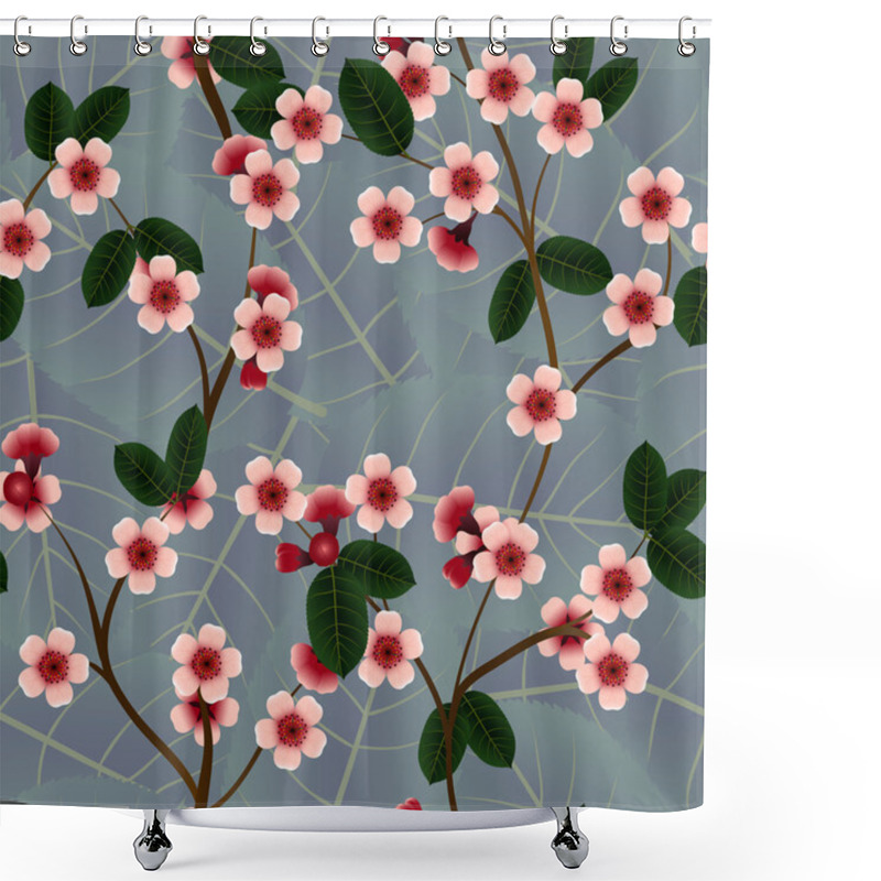 Personality  Seamless Pattern With Pink Cherry Flowers And Leaf Shower Curtains