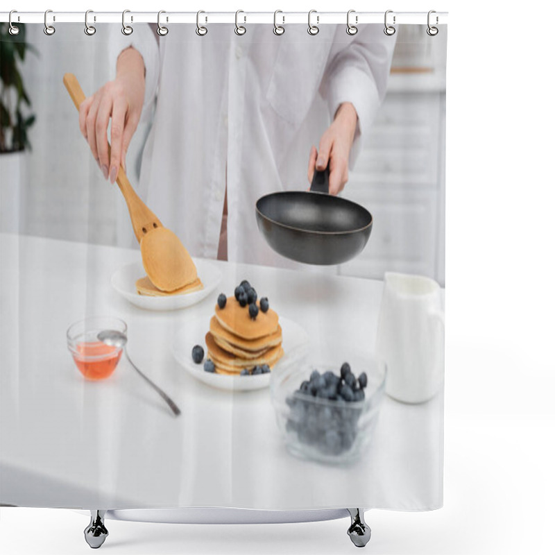 Personality  Cropped View Of Woman In Shirt Putting Pancake On Plate Near Blurred Blueberries In Kitchen  Shower Curtains