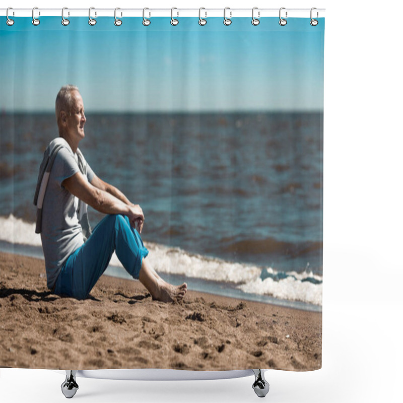 Personality  Aged Barefoot Man Sitting On Sand And Looking At Seaside During Summer Vacation At Resort Shower Curtains