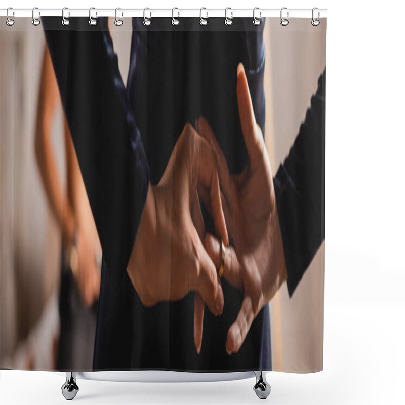 Personality  Panoramic Concept Of Young Woman Taking Off Wedding Ring Behind Back With Shirtless Man At Background At Home  Shower Curtains