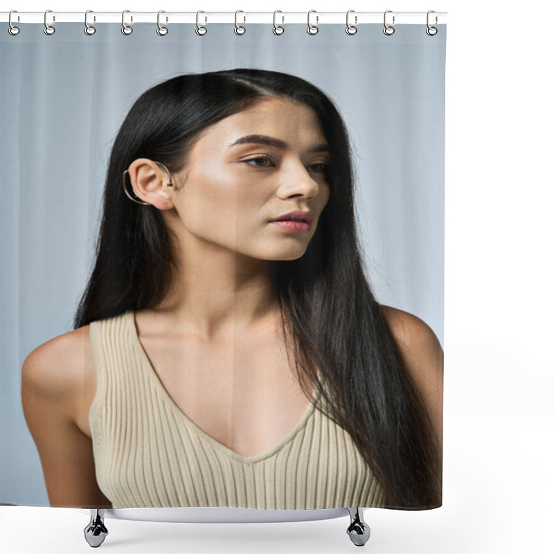 Personality  A Young Woman Wearing A Beige Tank Top Poses In Front Of A Plain Background. Shower Curtains