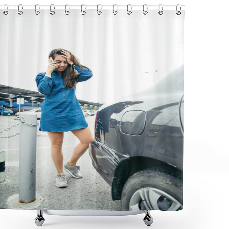 Personality  Sad Woman Standing Near Car With Scratch Shower Curtains