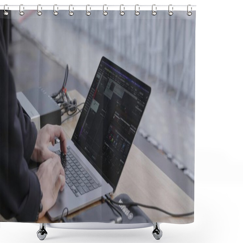 Personality  A High Performance Laptop Linked To Advanced Audio Gear, Illustrating A Modern Music Production Setup. Clip Shower Curtains