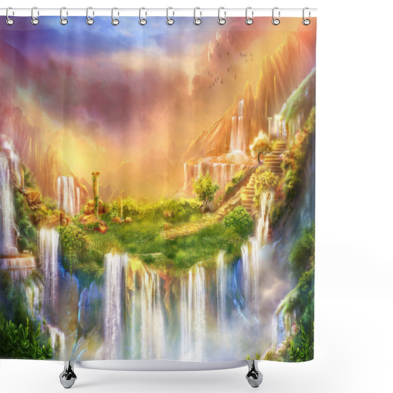 Personality  Romantic Mountain Landscape With Waterfalls And Columns, Digital Art Shower Curtains