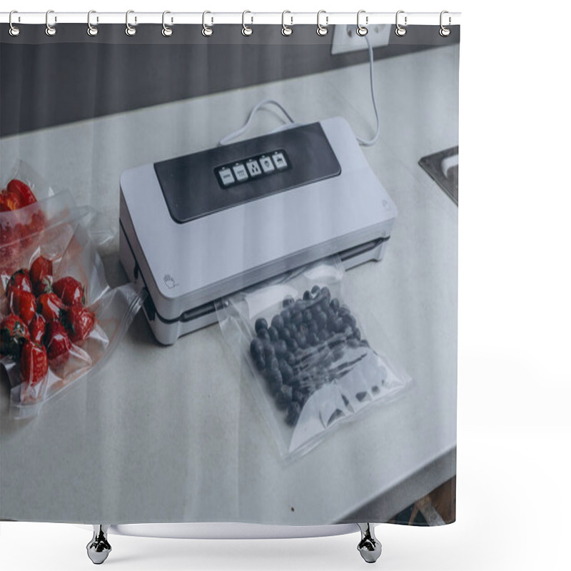 Personality  Fresh Berries In A Vacuum Bag With A Vacuumiser Machine. High Quality Photo Shower Curtains