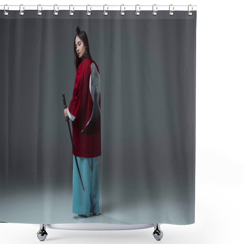 Personality  Back View Of Samurai In Kimono Holding Katana And Looking At Camera On Grey   Shower Curtains