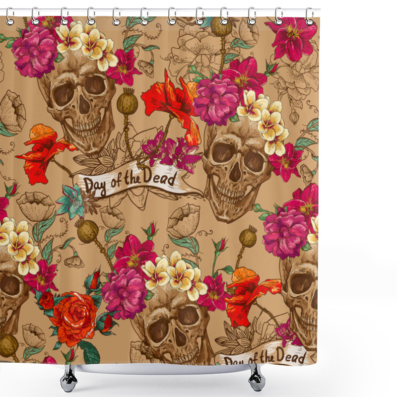 Personality  Skull And Flowers Seamless Background Shower Curtains