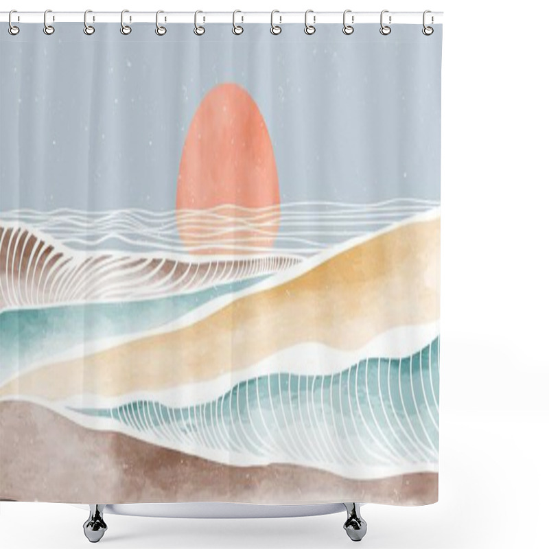 Personality  Ocean Wave And Sunset. Creative Minimalist Modern Paint And Line Art Print. Abstract Contemporary Aesthetic Backgrounds Landscapes. With Sea, Skyline, Wave. Vector Illustrations Shower Curtains