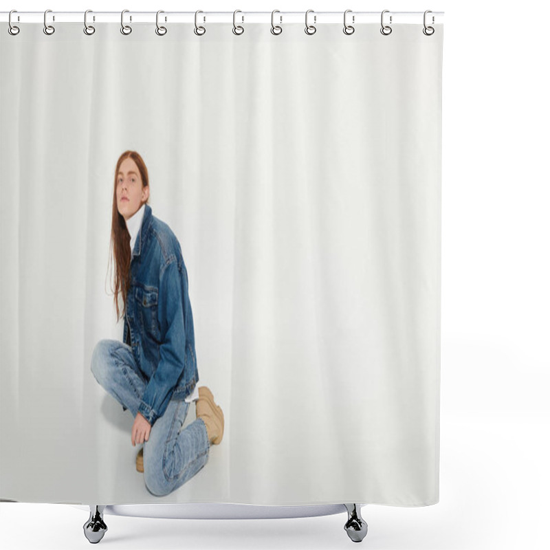 Personality  A Teenage Boy Kneels In A Studio, Wearing Denim And Striking A Confident Pose With Long Red Hair. Shower Curtains