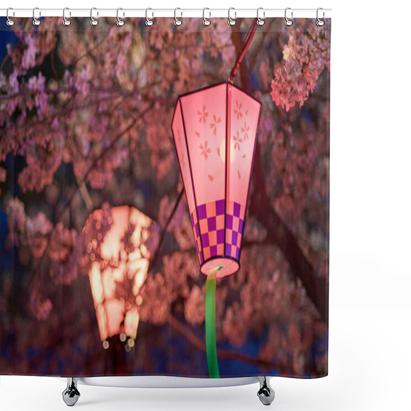 Personality  Decorative Electric Lanterns Hung In Osaka Castle Park For Night Viewing Of Sakura, Yozakura, During Cherry Blossom Season In Osaka, Japan Shower Curtains