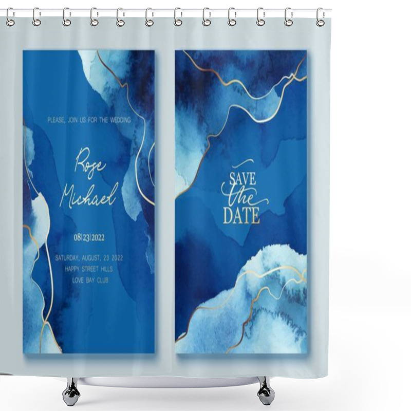 Personality  Set Of Elegant, Romantic Wedding Cards, Covers, Invitations With Shades Of Blue. Golden Lines, Splatters. Shower Curtains