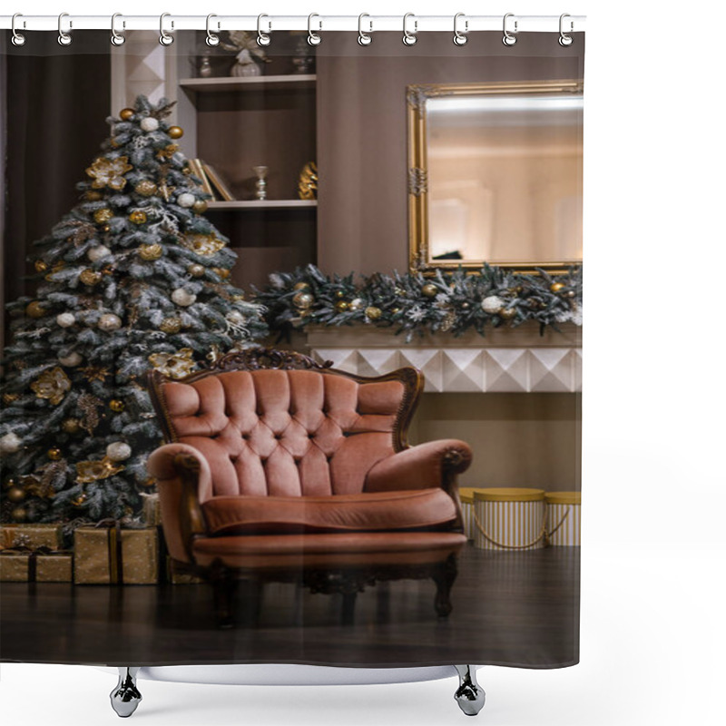 Personality  Living Room With Beige Armchair,  Christmas Tree  And Gifts. Christmas Interior. Shower Curtains