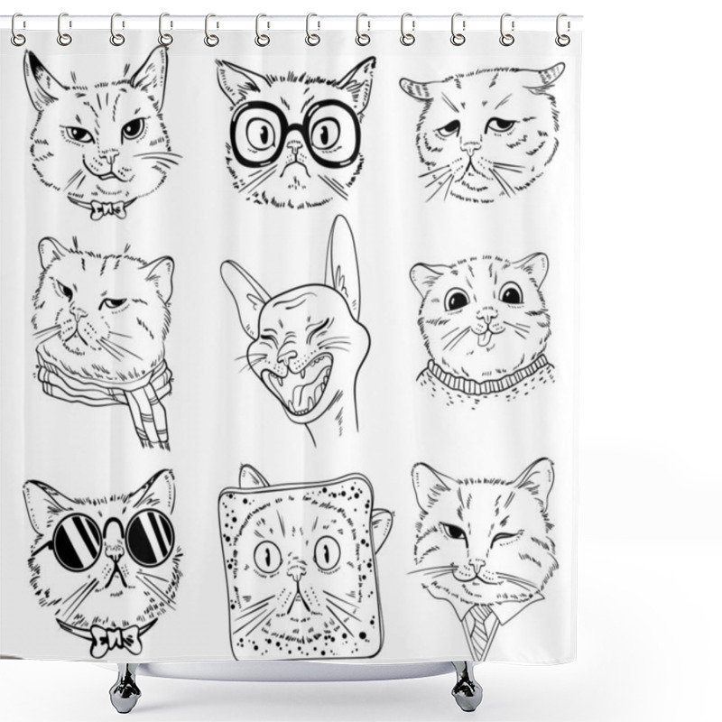 Personality  Cat Portrait Drawing. Black And White Cartoon Characters. Set Shower Curtains