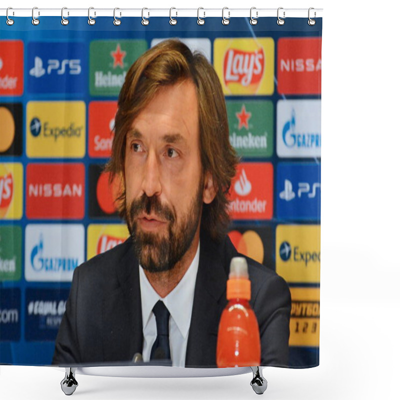 Personality  KYIV, UKRAINE - OCTOBER 19, 2020: Juventus' Head Coach Andrea Pirlo Speaks During A Press Conference In Kyiv, Ukraine, 19 October 2020. Juventus FC Will Face Dynamo Kyiv In Their UEFA Champions League Group G Soccer Match On 20 October 2020 Shower Curtains