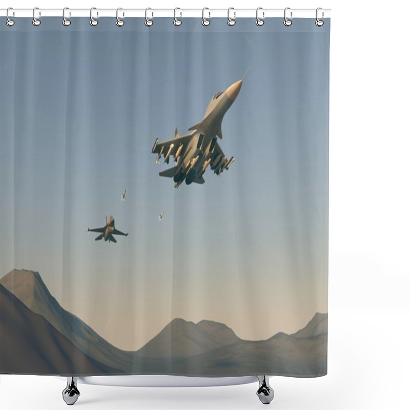 Personality  Turkish Fighter Attack On Russian Bomber. Attack Of The Turkish Aircraft In The Russian Plane. Raster Illustration. Computer Graphics. 3d Model. The Re-enactment Of The Battle Over The Desert. Shower Curtains