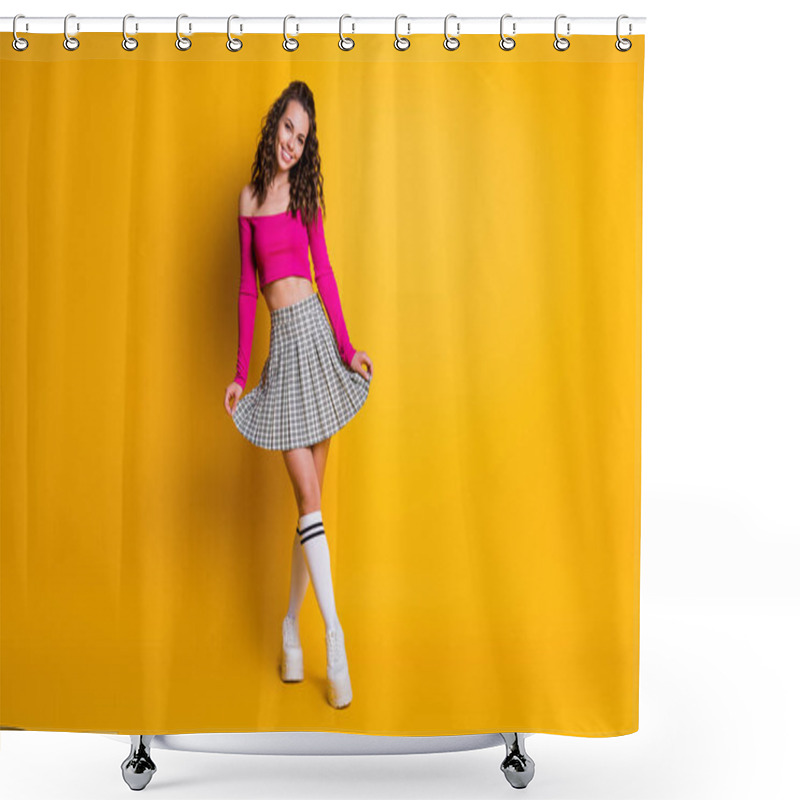 Personality  Full Size Photo Of Pretty Cute Glad Toothy Curly Lady Girlfriend Wear Pink Naked Shoulders Top Plaid Mini Skirt White Long Socks Sneakers Isolated Bright Yellow Color Background Shower Curtains