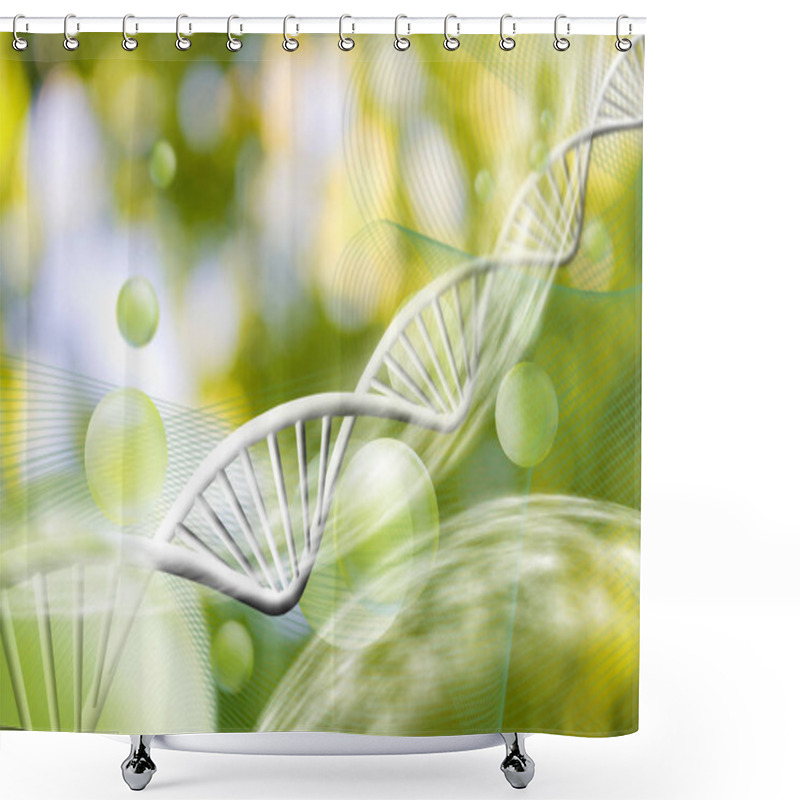 Personality  Image Of Molecular Structure And Chain Of Dna On A Green Background Close-up Shower Curtains