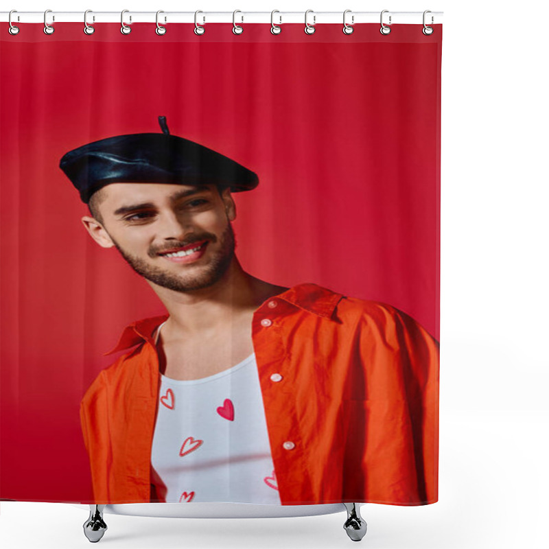 Personality  Stylish Young Man Showcases His Fashion Flair, Wearing Hearts On His Shirt With A Joyful Smile. Shower Curtains