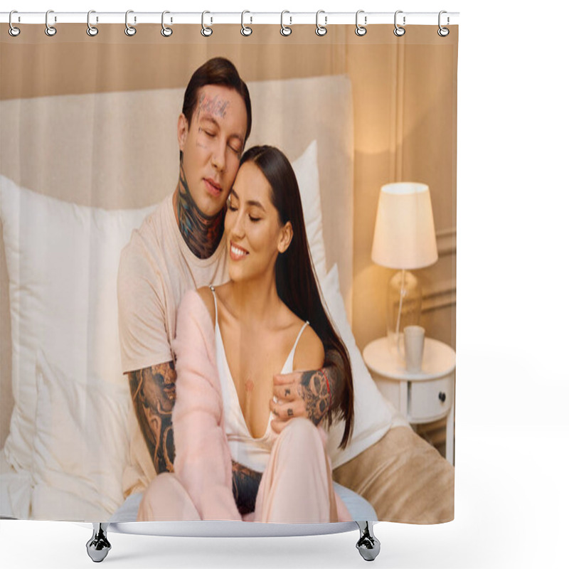 Personality  Young Couple Embraces Warmly, Enjoying An Intimate Moment In A Softly Lit Bedroom. Shower Curtains