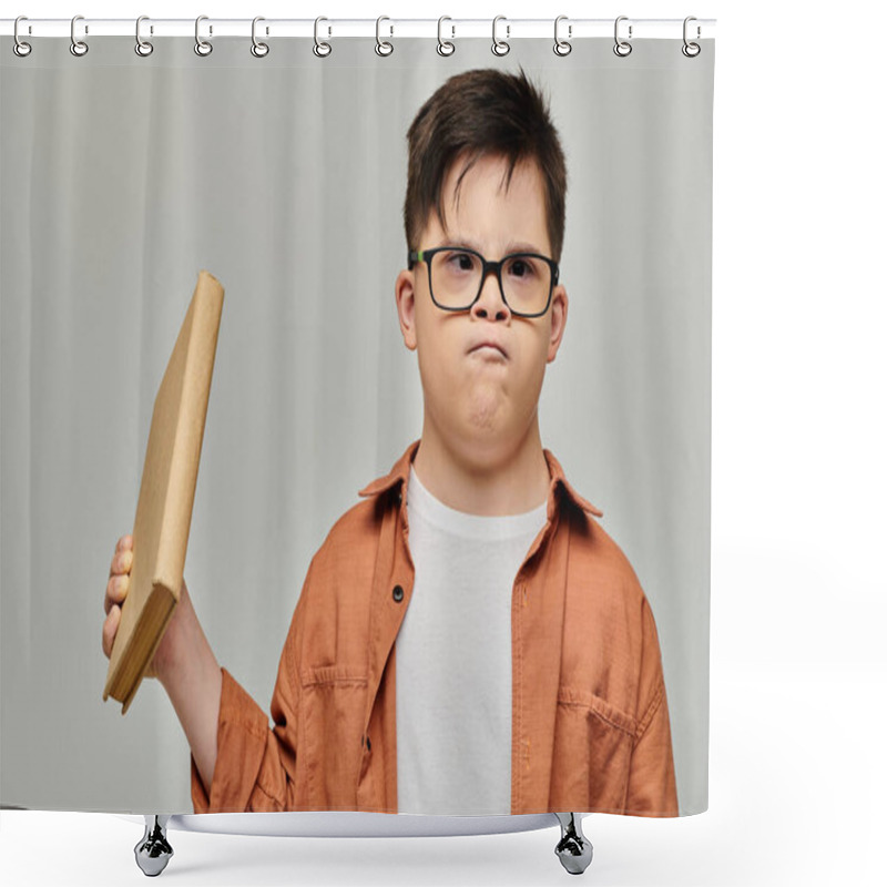 Personality  Little Boy With Down Syndrome With Glasses Engrossed In A Book. Shower Curtains