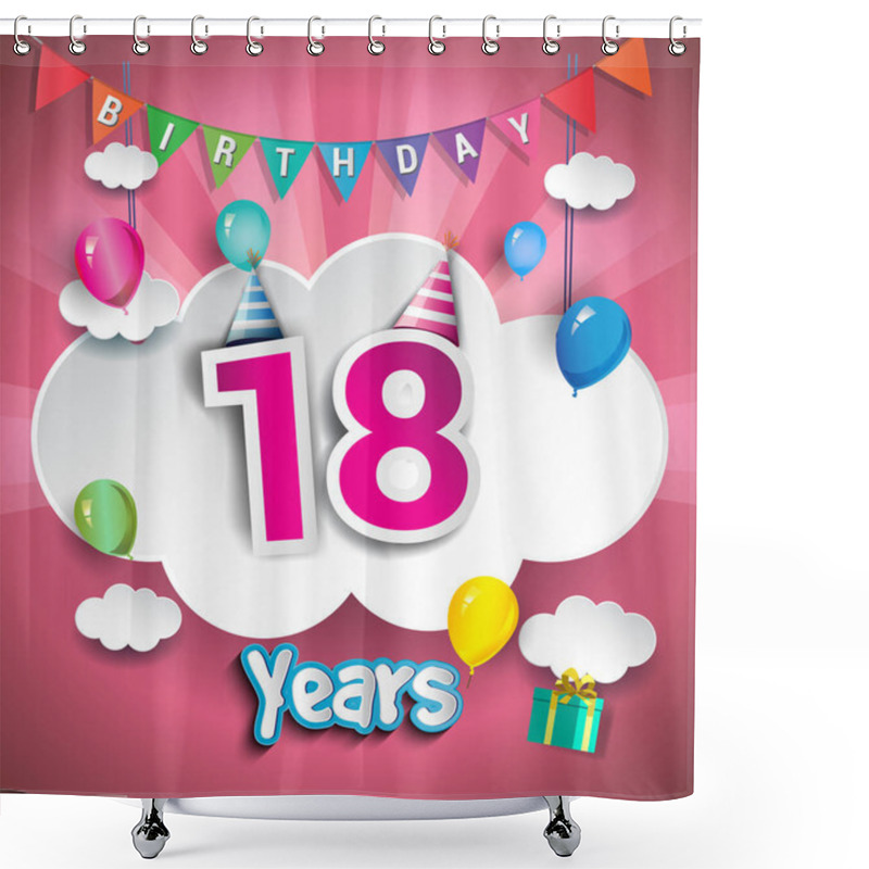 Personality  18  Years Birthday Design For Greeting Cards And Poster, With  Gift Boxes, Balloons. Design Template For Anniversary Celebration Shower Curtains