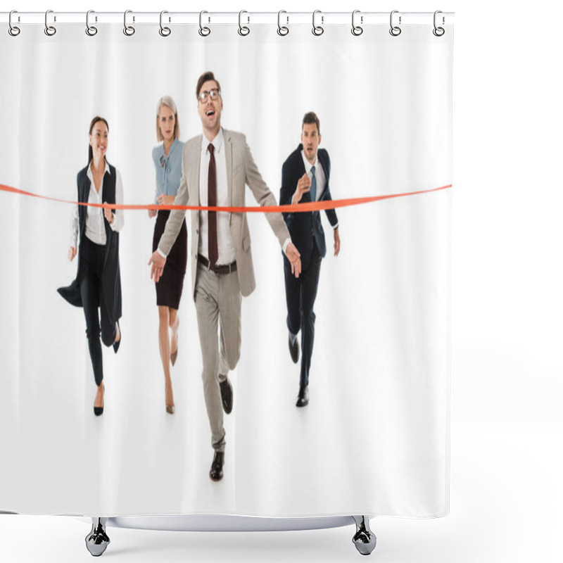 Personality  Competitive Business People Running To Red Finishing Line Isolated On White Shower Curtains