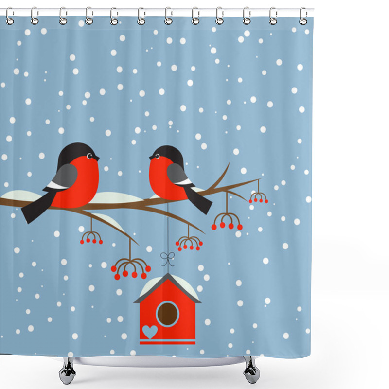 Personality  Couple Of Bullfinchs On Branch Rowan With Birdhouse Shower Curtains