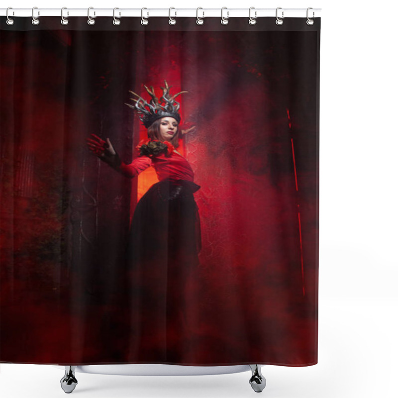 Personality  Beautiful Fashion Witch Woman With Horns In The Form Of Tree Roots In A Long Luxurious Dress On The Background Of A Huge Gate With Red Smoke. Halloween Concept Shower Curtains