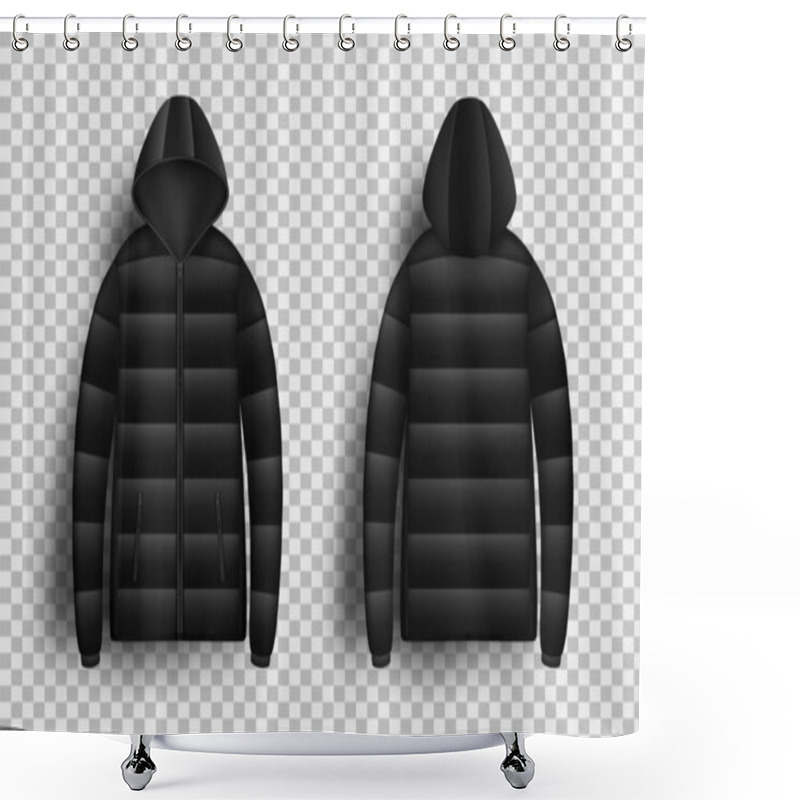 Personality  Black Puffer Jacket Mockup Set, Vector Isolated Illustration. Realistic Modern Hooded Down Jacket, Front And Back View. Shower Curtains