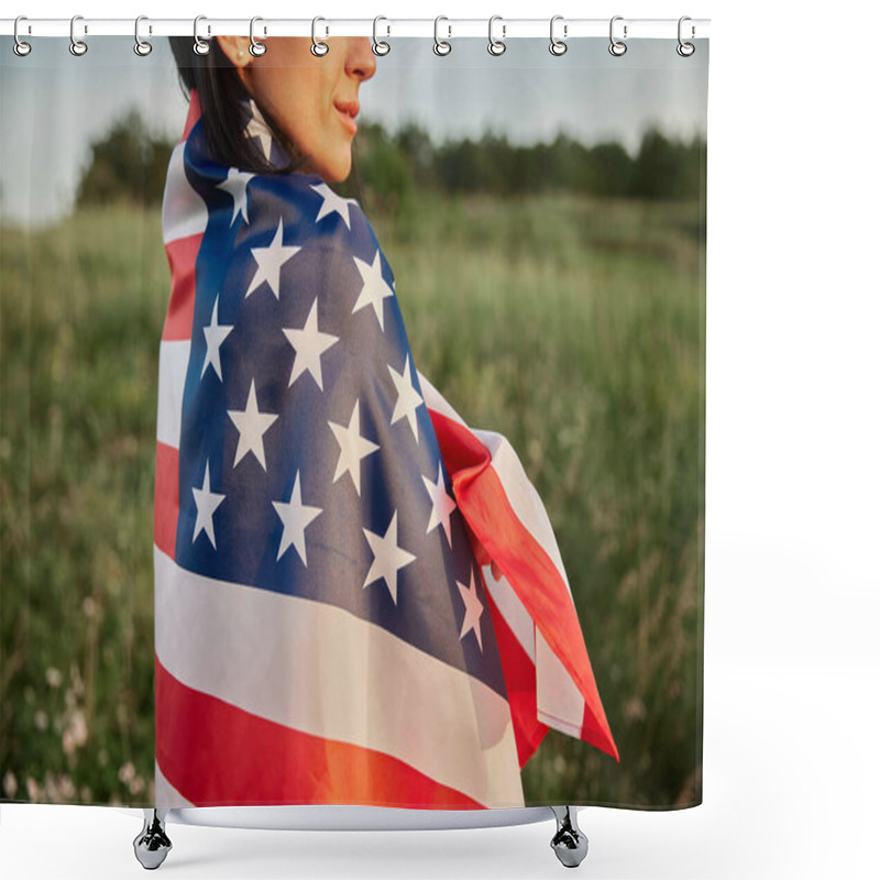 Personality  4th Of July. Fourth Of July. American Woman With The National American Flag Against Beautiful Landmark. Independence Day. Beautiful Sunset Light. Patriotic Holiday, Democracy Respect And Veteran Respect Concept Shower Curtains