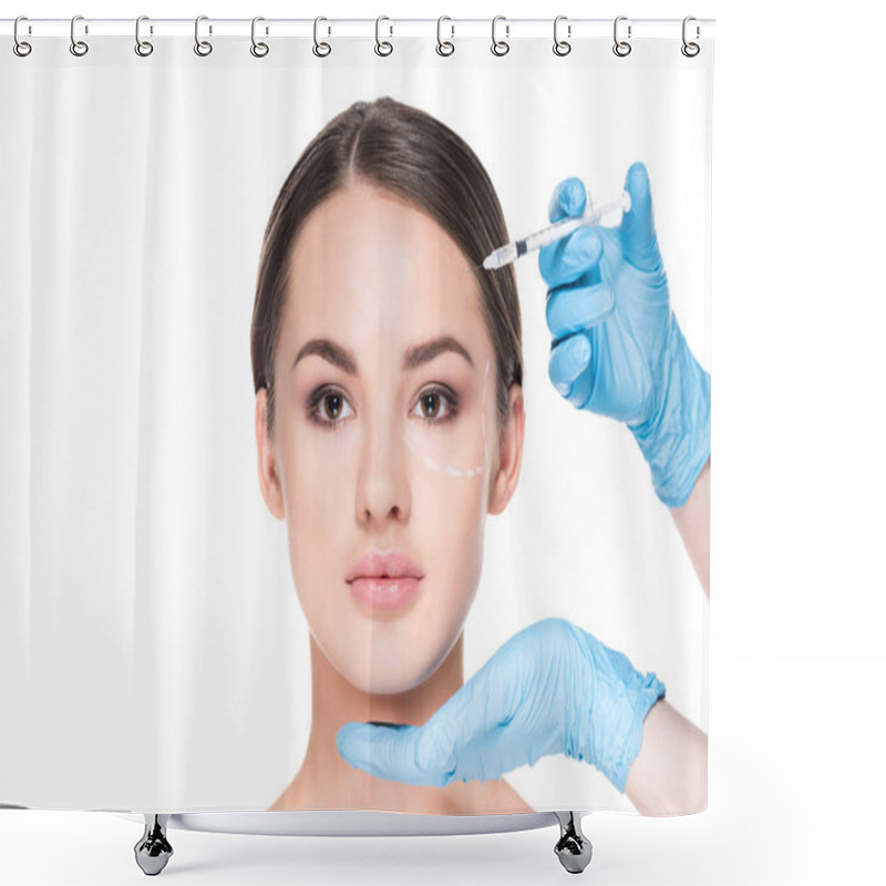 Personality  Cropped Shot Of Doctor Making Beauty Injection For Woman Isolated On White Shower Curtains