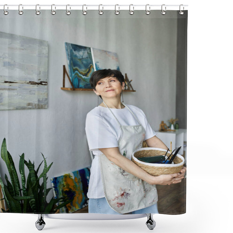 Personality  An Enthusiastic Painter Engages With Her Artwork In A Bright Studio. Shower Curtains