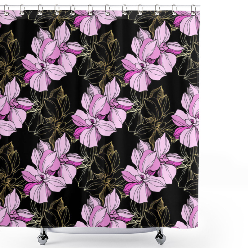 Personality  Vector Pink Orchids. Wildflowers Isolated On Black. Engraved Ink Art. Seamless Background Pattern. Wallpaper Print Texture. Shower Curtains