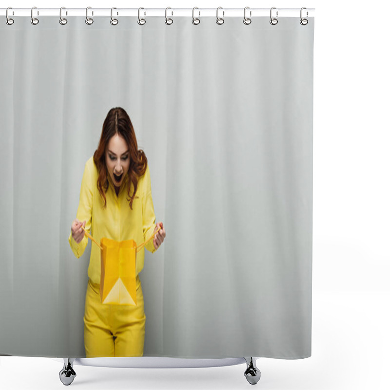 Personality  Surprised Woman In Yellow Clothes Looking Into Shopping Bag On Grey Shower Curtains