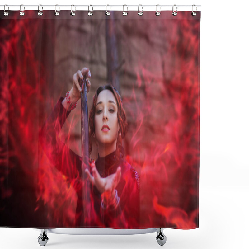 Personality  Evil Witch With A Staff In The Forest. Slavic Witch Creates Red Magic. A Young Woman In A Black Dress And A Crown Embroidered With Beads. Halloween Costume Fantasy Shower Curtains